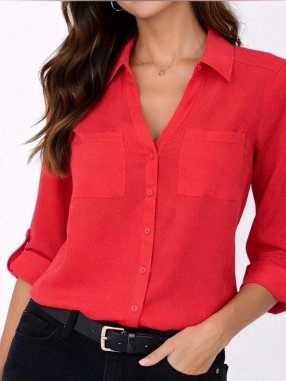 Express The Portofino Red Button-Down Roll-Tab Blouse